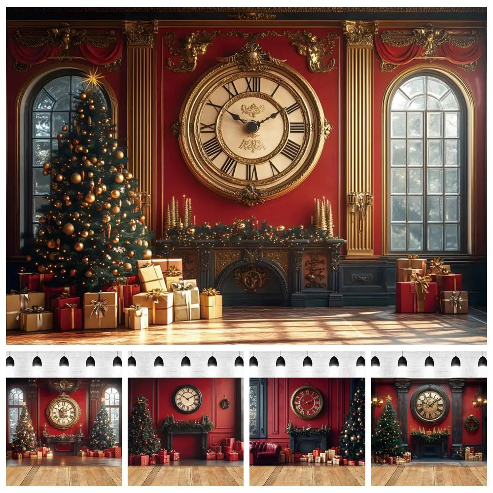 

Christmas Photography Backdrop Clock Xmas Tree Gifts Interior Room Red Wall Baby Kids Portrait New Year's Party Photo Background