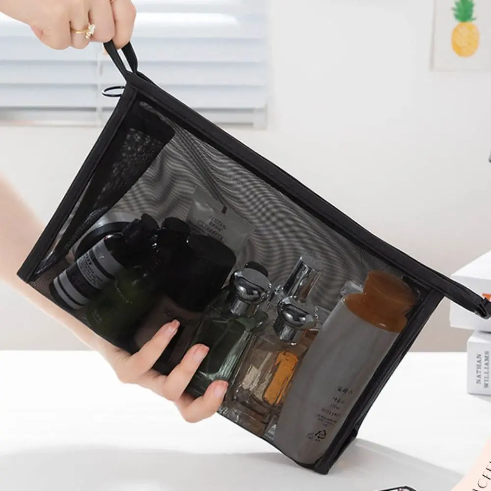 캐주얼 메쉬 메이크업 가방 지퍼 대용량 투명 화장품 가방 주최자 케이스 연필 케이스 보관 세면 용품 가방 야외