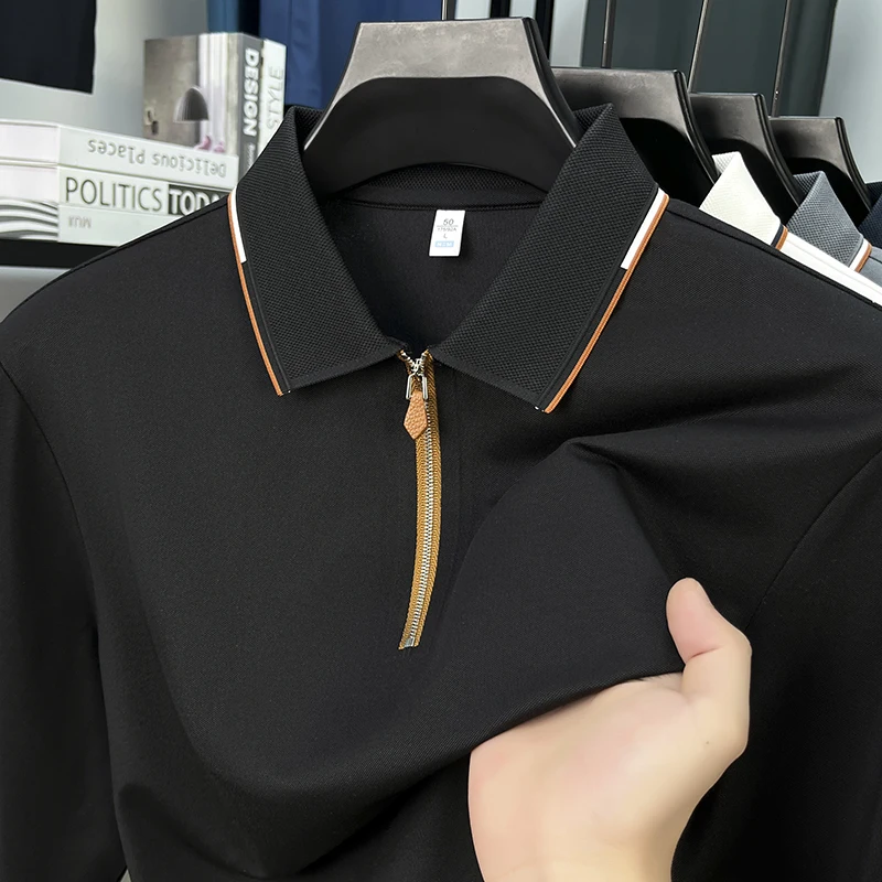 

Men's Business Casual Polo Shirt with Understated Elegance Smooth Silky-Soft Textured Fabric Tops Black White Gray Blue Tee Male