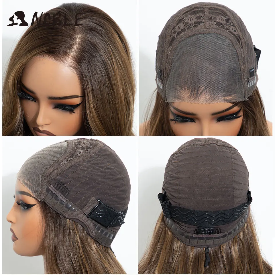 Edle synthetische Lace-Front-Perücke, 6x4, mit freiem Scheitel, vorgezupfte, gewellte Perücke, 18 Zoll, gewellte, gestufte Perücke, Ombré-Braun-Blond-Perücken für Damen. – Detail 6