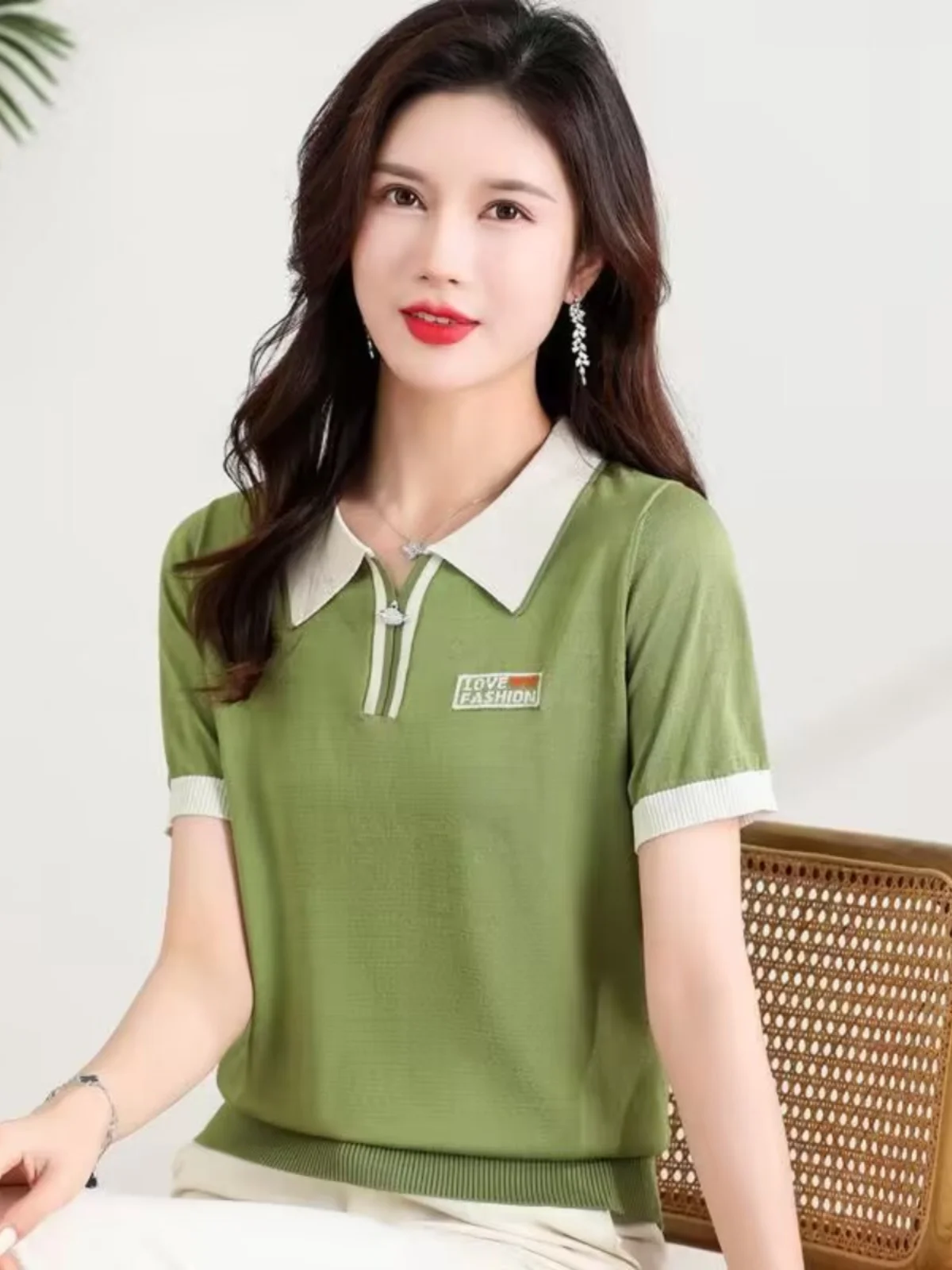 

Cool Summer Silk Blend Short Sleeve Knitted Top Women's Loose Fit Thin Ice Silk Tunic Top Commute Style Regular Sleeve Length