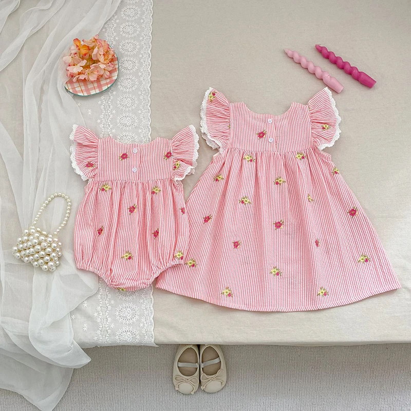 2026 Sommer 0-24M Baby Mädchen Flügelärmel Baumwolle Stickerei Baby Body 2-6 Jahre Süße Partykleider Schwesterkleidung – Detail 13