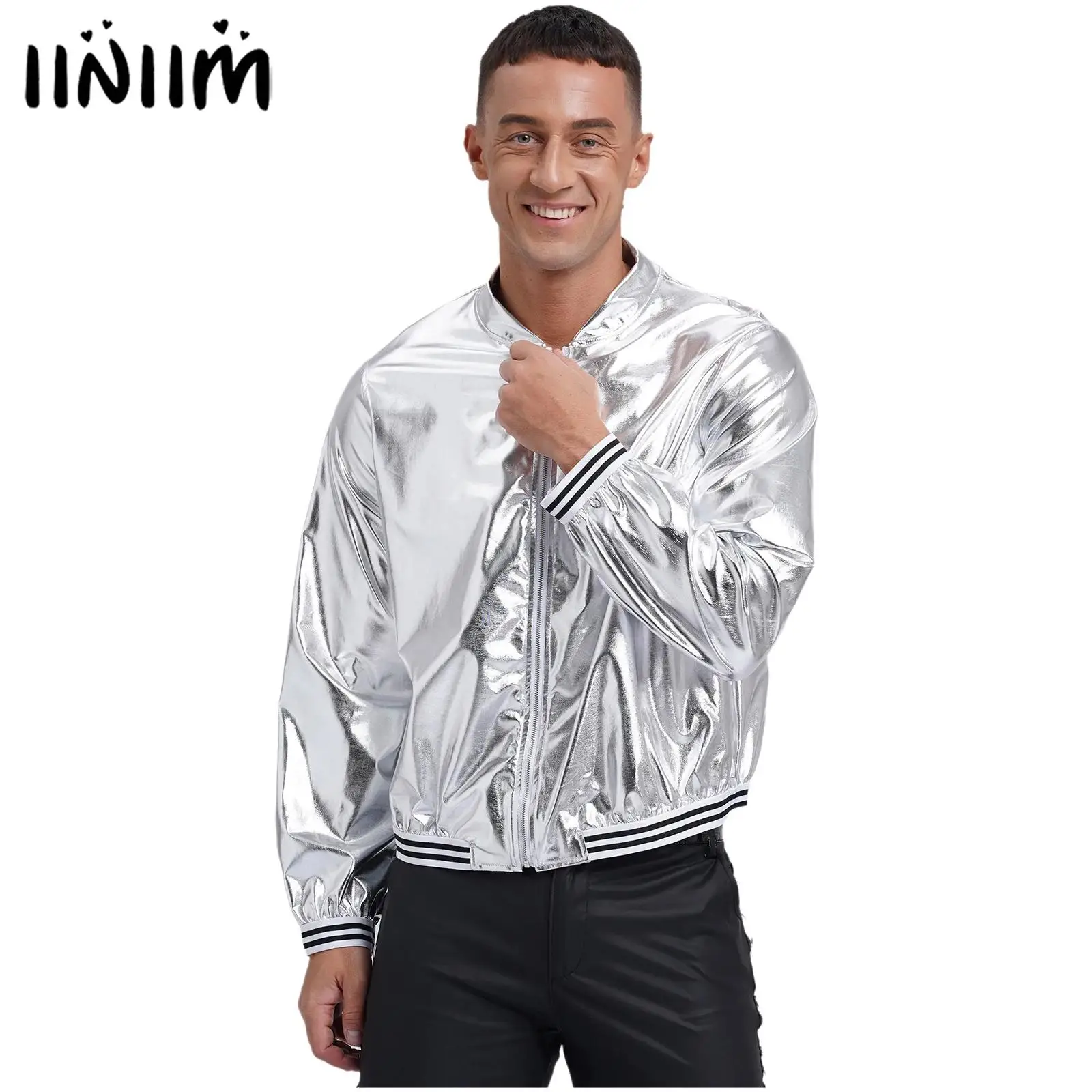 

Mens Metallic Shiny Bomber Jacket Coat Jazz Street Dance Costumes Front Zipper Striped Band Outerwear Baseball Jacket Clubwear