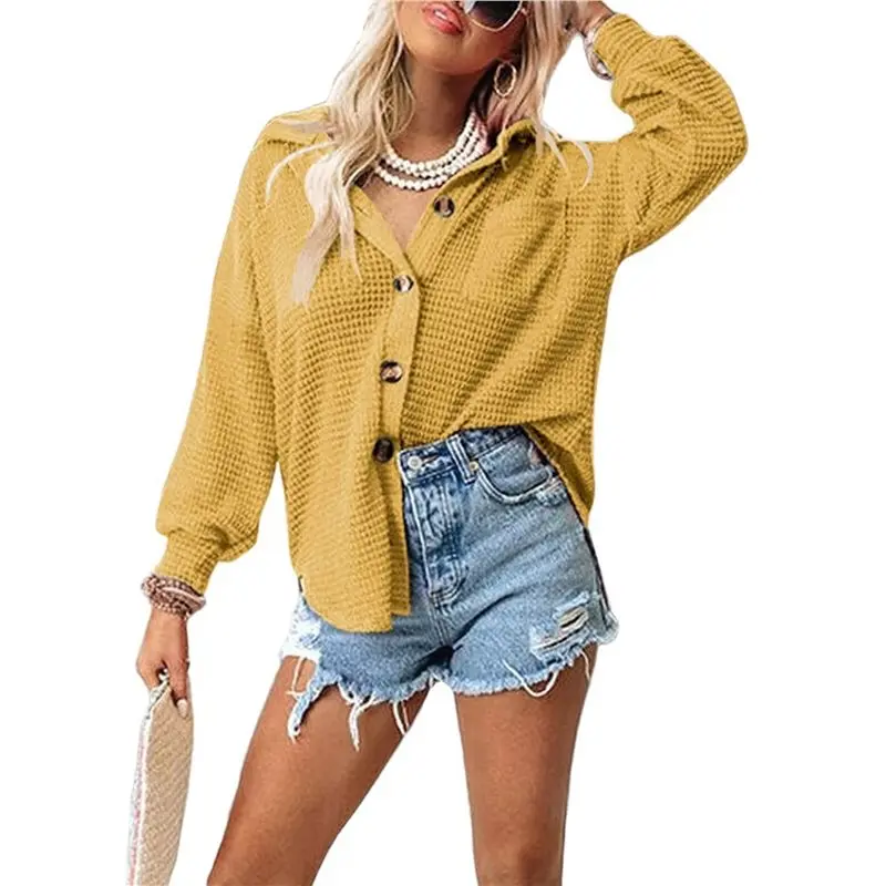 

CYL-Womens Waffle Knit Shacket Jacket Casual Long Sleeve Button Down Shirts Dressy Blouses Tops