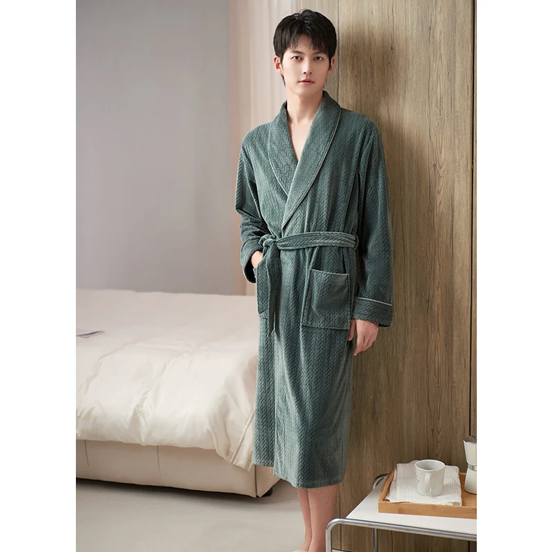 Men Sleepwear Long Robes Winter Island Velvet Thick Terry Robe Male Long Sleeve Kimono Warm Bathrobe Home Wear Peignoir Men Robe