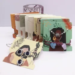 50Pcs 7.4x7.4cm White Paper card print Vintage girl/cactus Girl Pattern earring necklace hairband Jewelry Display Packaging Card