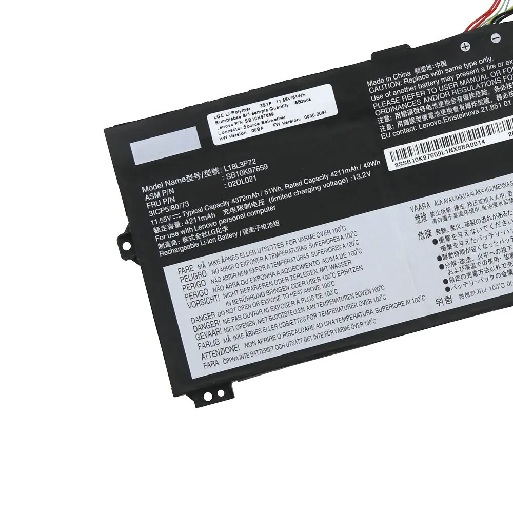 NEW L18L3P72 Laptop Battery For Lenovo Yoga X390 SB10K97659 02DL021 02DL022 L18M3P72 L18S3P72 SB10T8317 5B10W13 11.55V 51WH