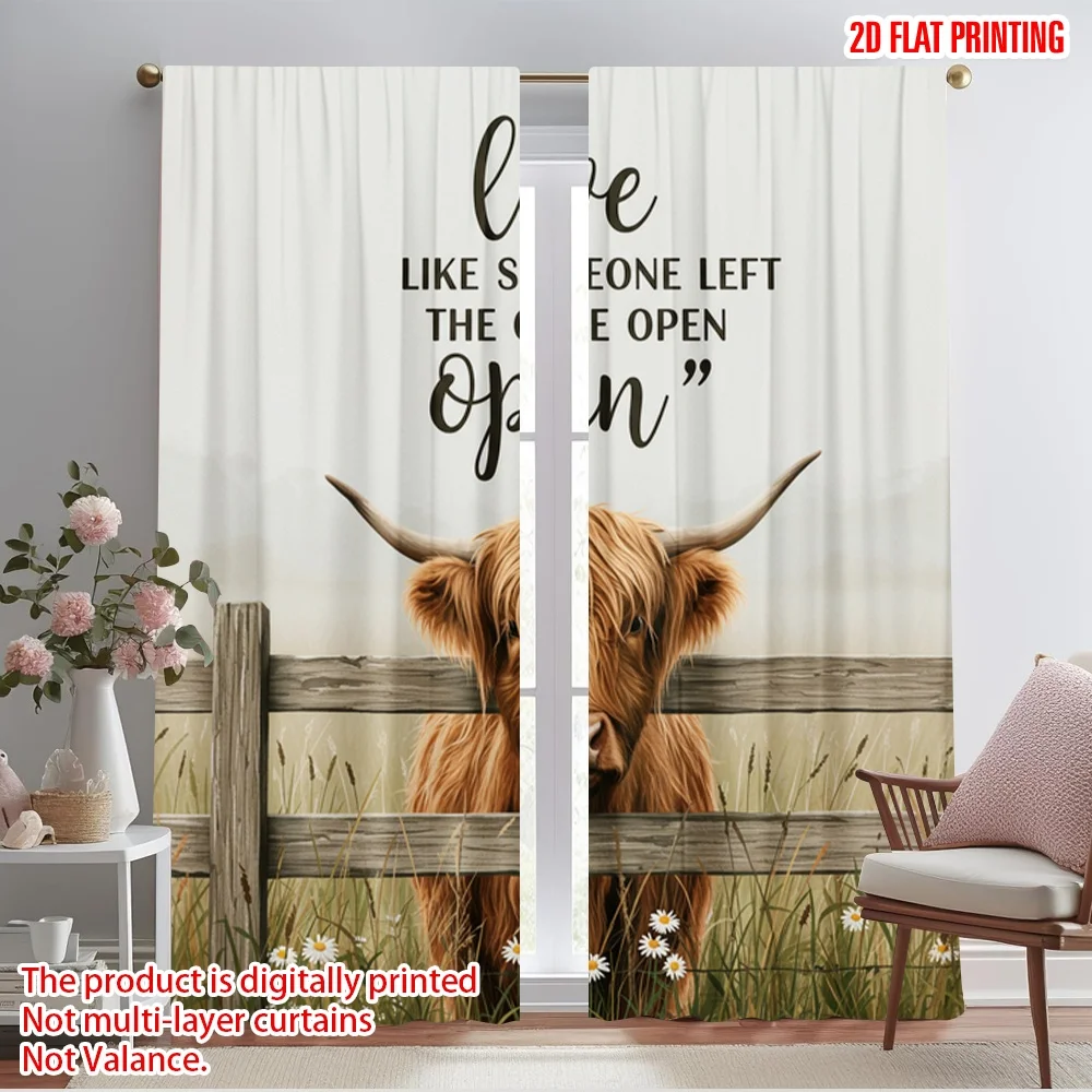 

2pcs 2D flat printing Drapes Highland Cow Fence Open Polyester Fabric Without Electricity Festive Wall Decor Use for Booths