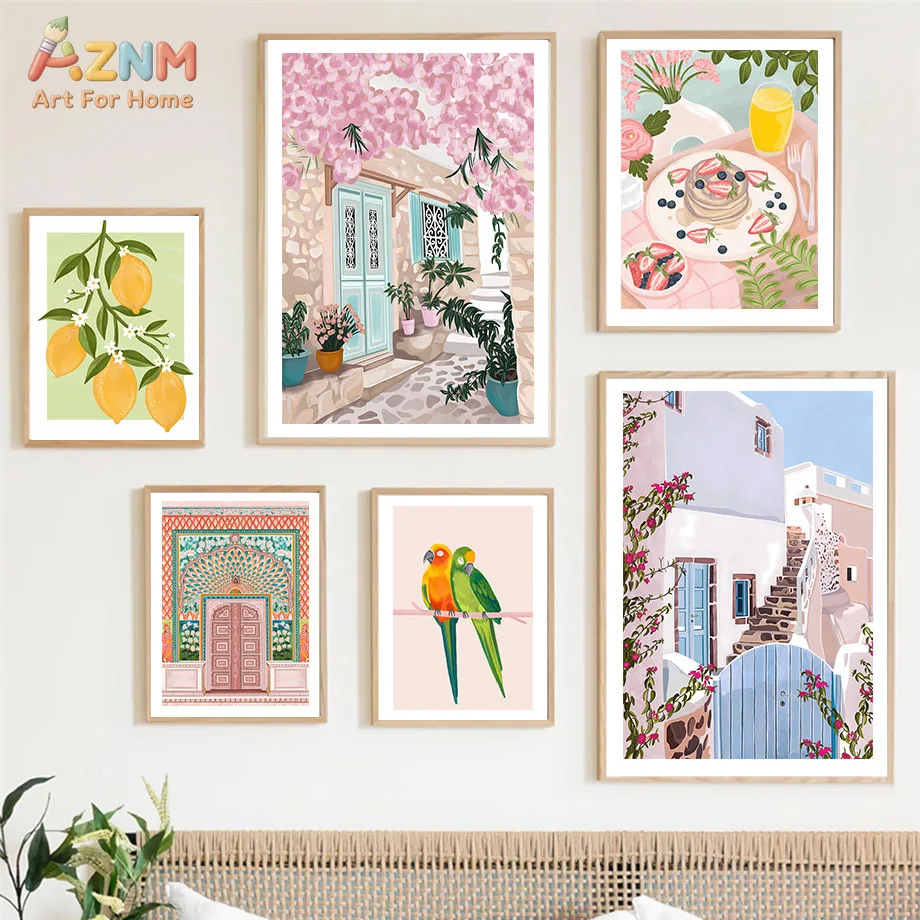 AZNM Boho Mediterranean Canvas Wall Art Santorini Building Parrot Lemon Fruit Breakfast Colorful Illustration Print Unframed Can