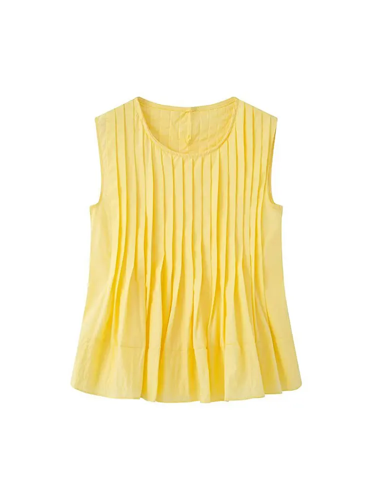 2025 Top da donna casual chic estivo Top decorativo pieghettato senza maniche con scollo a O solido Top di nuova moda