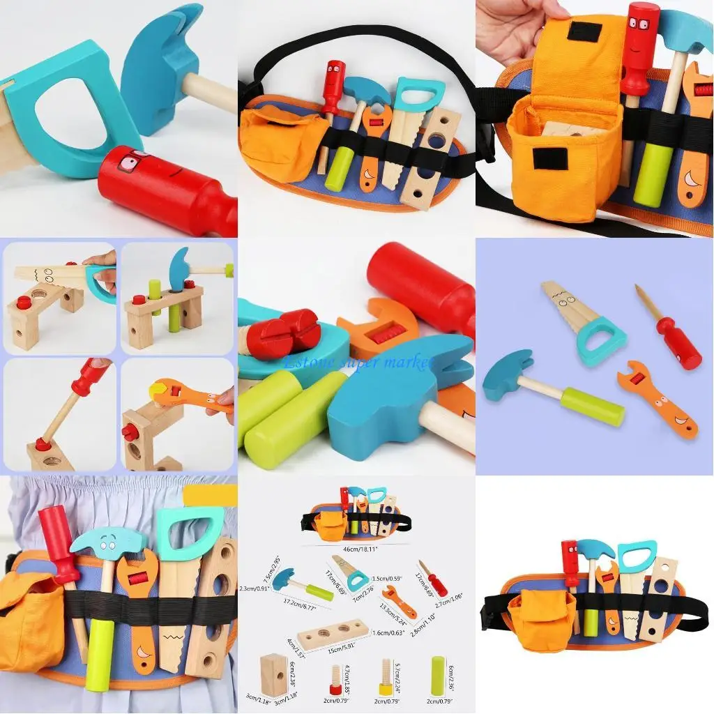 

090B Toddlers Carpenter Repairing Tool Set Realistic Wooden Toolbox Learning Toy Kids Pretend Game Set Activity Toy Xmas Gift