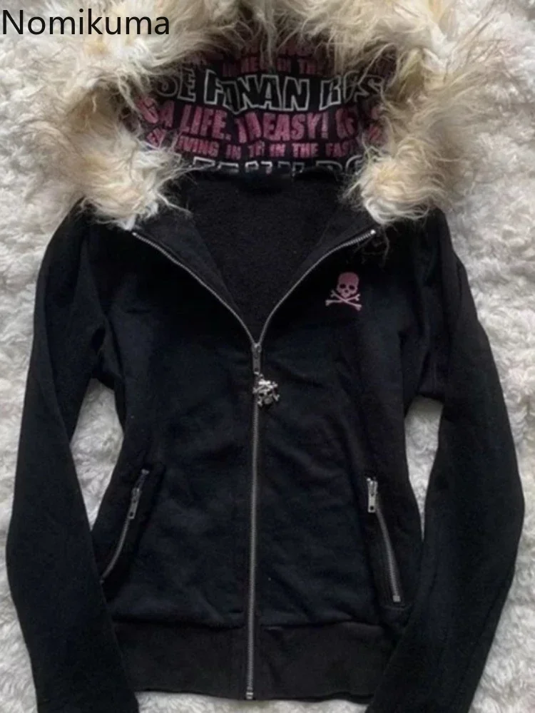 Sudadera gótica negra para mujer, ropa con letras bordadas de calavera y cremallera, abrigo Y2k, chaqueta con capucha de moda, sudaderas japonesas,