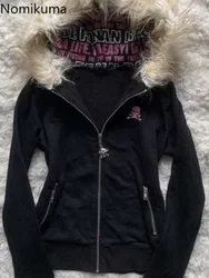 Sudadera gótica negra para mujer, ropa con letras bordadas de calavera y cremallera, abrigo Y2k, chaqueta con capucha de moda, sudaderas japonesas, Tops Y2K