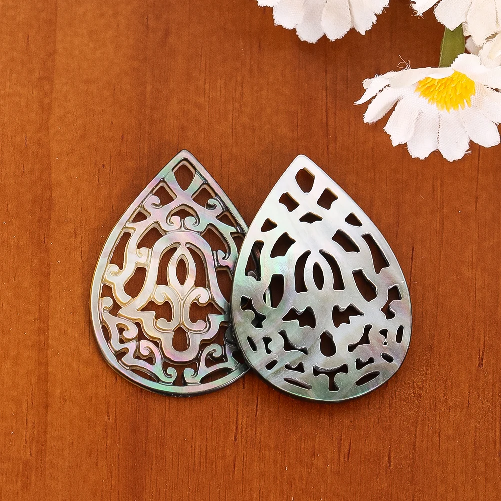 1PC Hollow Shell Carving Pendant Natural Black Mother of Pearl Drop Mandala Shell Charms for DIY Jewelry Making Necklace Earring