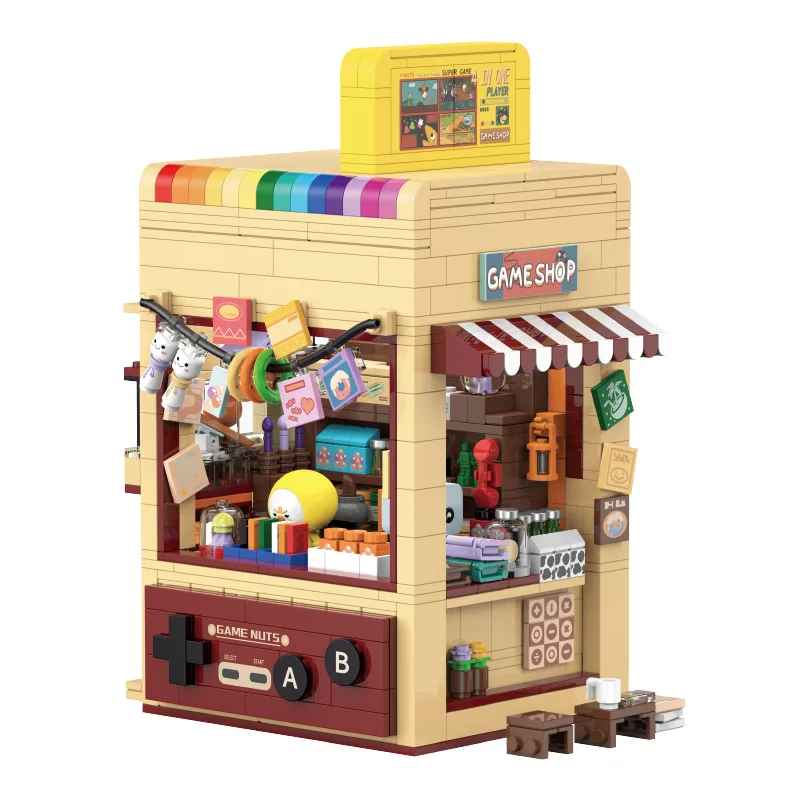 MOC-Juego de bloques de construcción de casa con vista a la calle, juegos de vídeo de arquitectura, tienda de comestibles con juguetes ligeros para regalos de cumpleaños