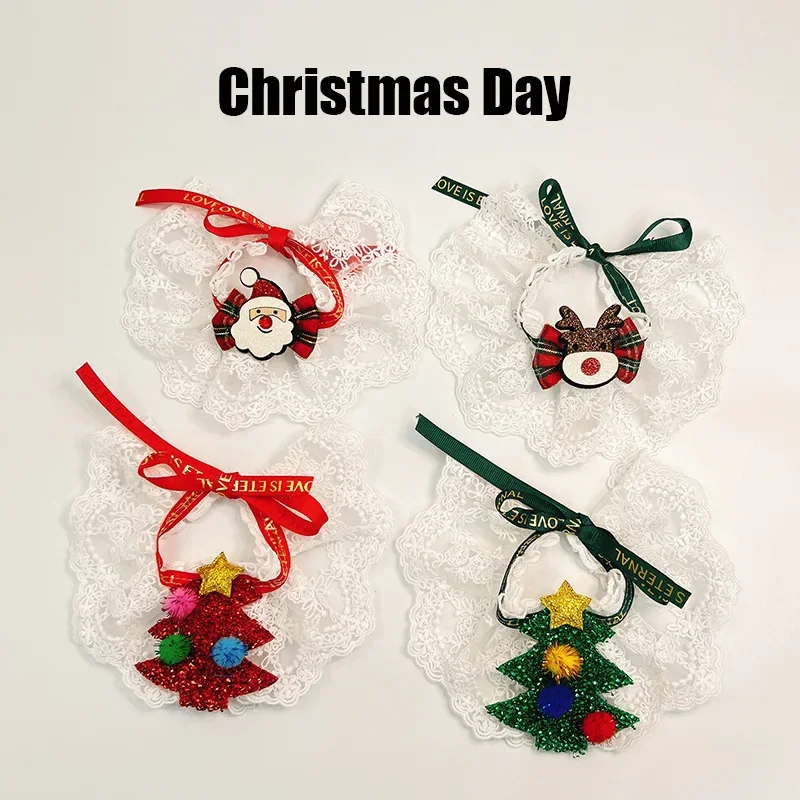 

Cute Pet Christmas Gift Lace Pet Cat Collar Decoration Dog Bib Drool Towel Christmas Tree Santa Claus Collars Dog Accessories