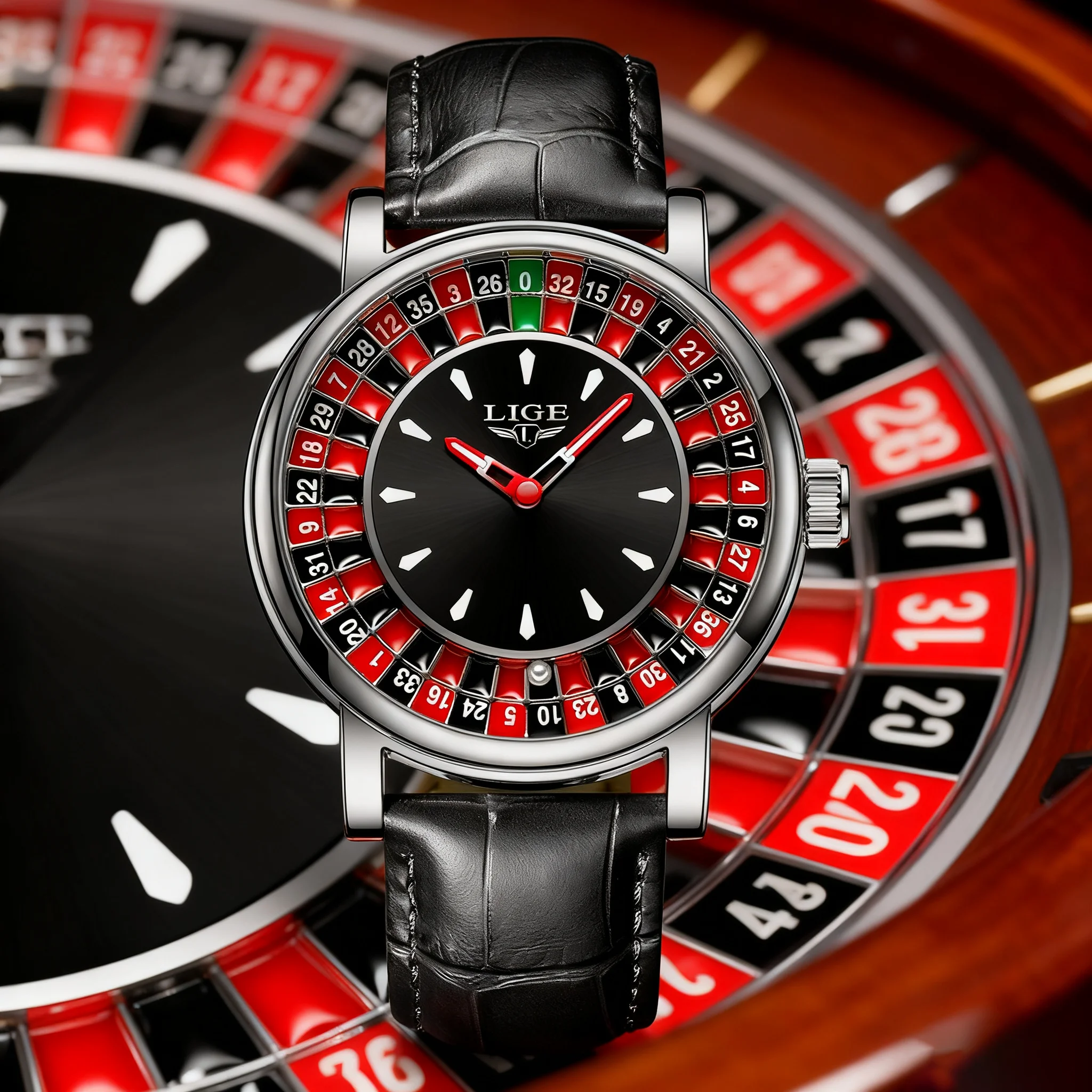 

Creative LIGE Russian Roulette Dial Man Watch Dial Wheel Man Wristwatches Business Leather Luminous Rotatable Lucky Ball Watch
