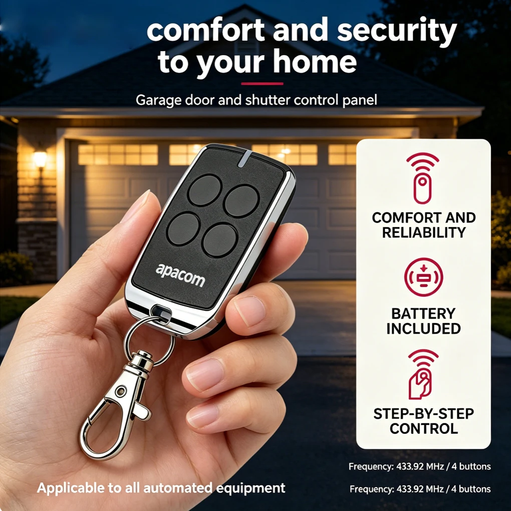 Apacom 433.92MHz  4 Button Garage Door  Transmitter with Keychain, Secure Remote for Garage Door, Roller Shutter, Sliding Gate