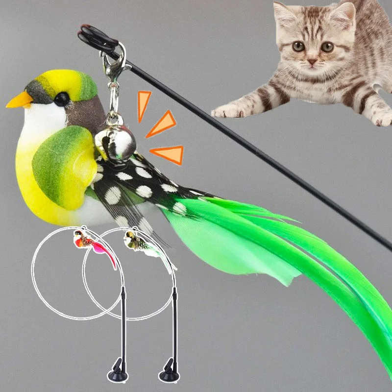 Katze Spielzeug Simulierte Vogel Feder Katze Necken Stick Sucker Stahl Draht Lange Stange Plüsch Katzenminze Katze Spielzeug
