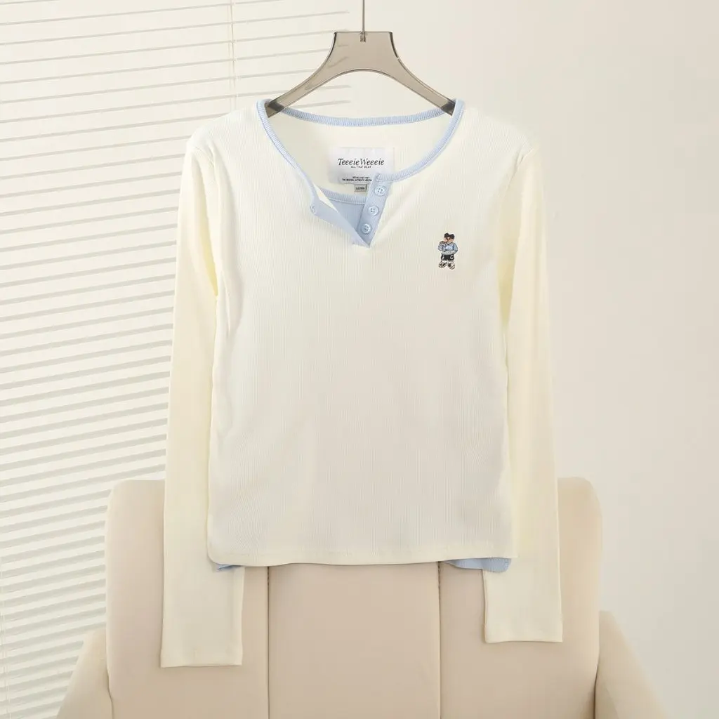 

Autumn New Style College Wind Henry Collar Long Sleeve T-Shirt Women's Patchwork Top Fashionable Casual Wear