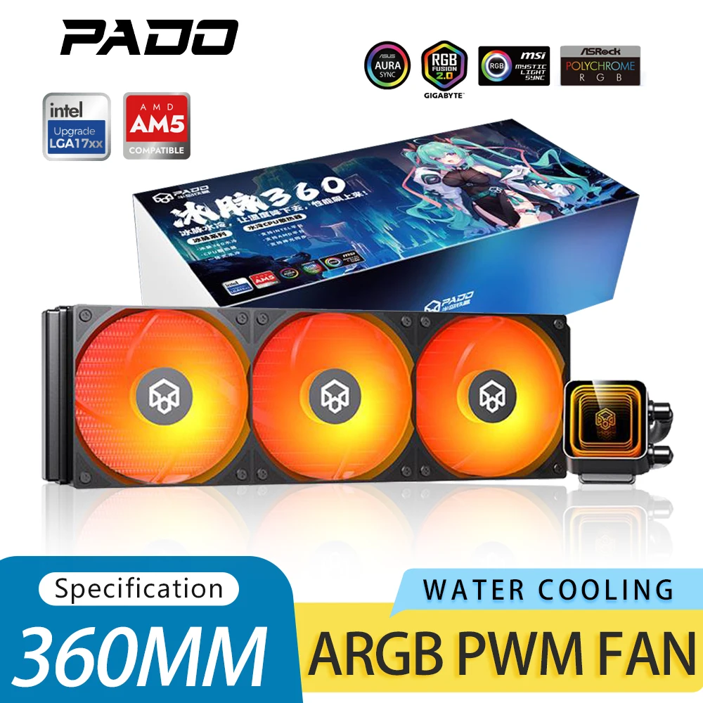 

PADO Кулер для воды 360 мм Процессор Liqui Охлаждение Компьютерный радиатор ARGB Вентилятор Радиатор AIO Кулер для воды процессора ДЛЯ INTEL AMD X99 AM4 AM5