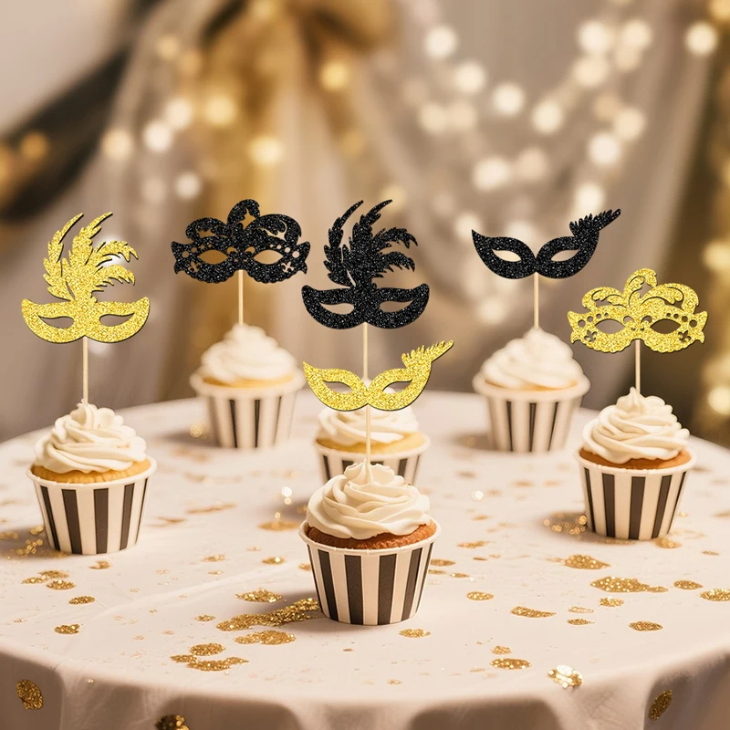 YOMDID 24 Stück Maskerade-Masken, Cupcake-Topper, glitzernde Bachelorette-Party, Cupcake-Picks, Maskerade, Karneval, Party-Dekorationen – Detail 8