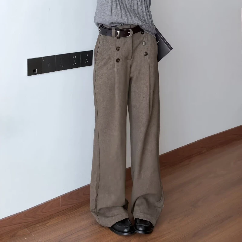 Men's Brown Double Breasted Pleated Trousers A Line Wide Leg Suit Pants Loose Fit Drape Slouchy Style Casual Pantaloons