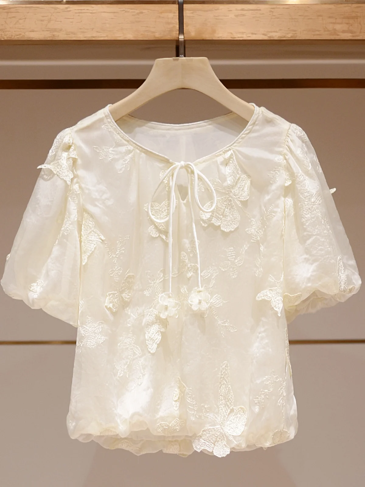 

Женский ор Све irt Круглый вышитый Ne Bubble Sve Knot Design Summer New Sle JOOva Commute Sle Sl...