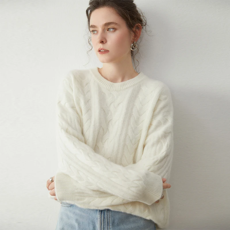 女性 100% カシミヤプルオーバーセーター O ネック長袖ツイストフラワープルオーバー秋冬ルーズヤギカシミヤニットウェアトップス