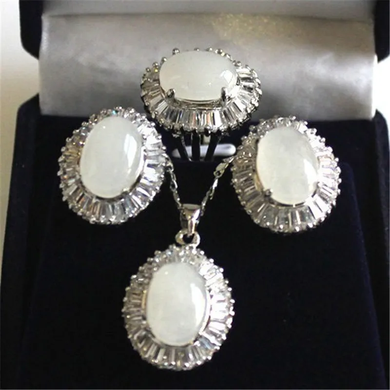 

Natural white jades Silver Plated Necklace pendant earrings ring Sets Jewelry