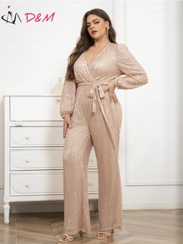 

DM Brand Plus Size Women's Overalls Champagne Sequined Long Sleeves V-neck Waisted Lace-up Women Jumpsuit Long Elegant