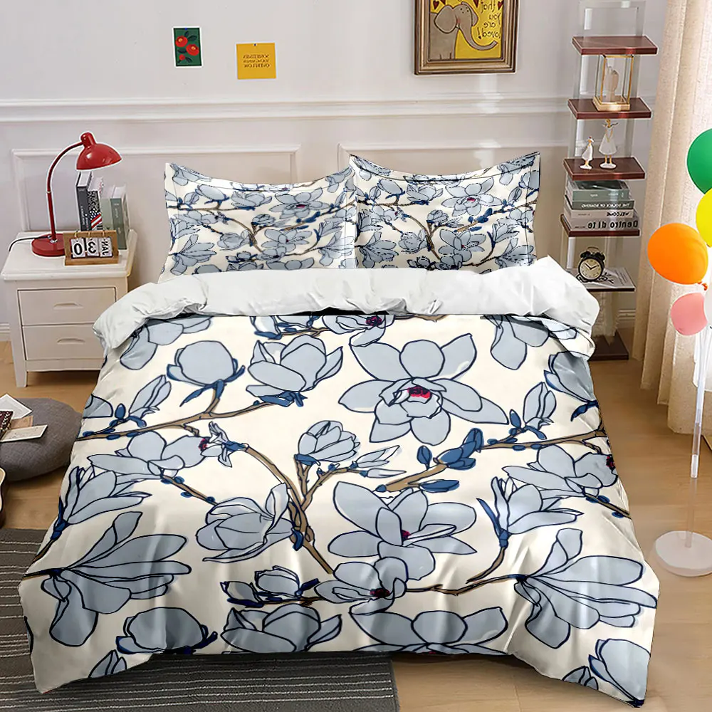 

Beautiful Blue Magnolia Pattern Duvet Cover Set Digital Print Colorful Polyester Bedding with Zipper Closur for kids gifts