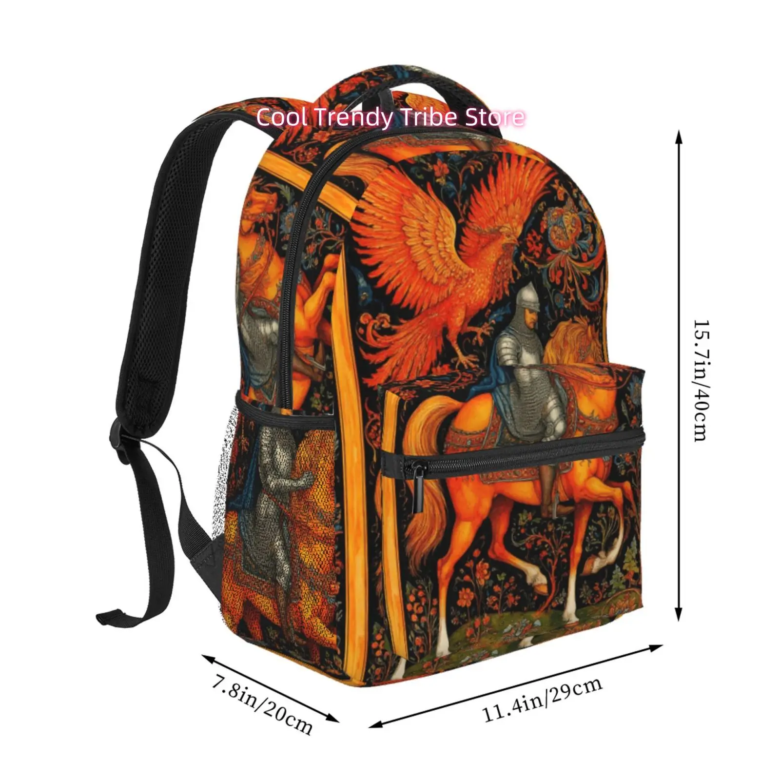 Medieval Knight& Phoenix Print Backpack, Oxford Cloth Adjustable Strap Casual Daypack, for Casual Outings, Daily Commute, Weeken