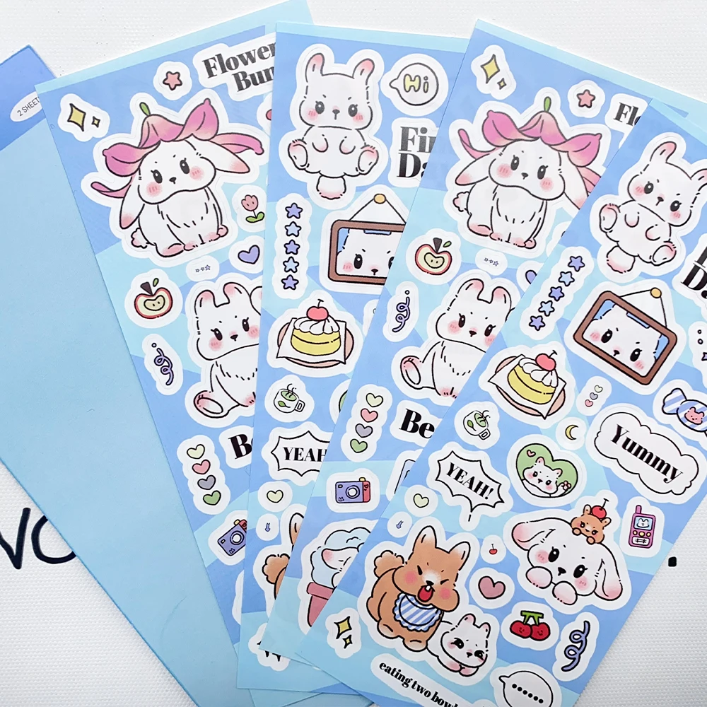 2Sheets Cartoon Cute Bunny PET Stickers Decals For Phone Laptop Scrapbook Suitcase Guitar DIY Aesthetic Stickers Kids Toys Gifts