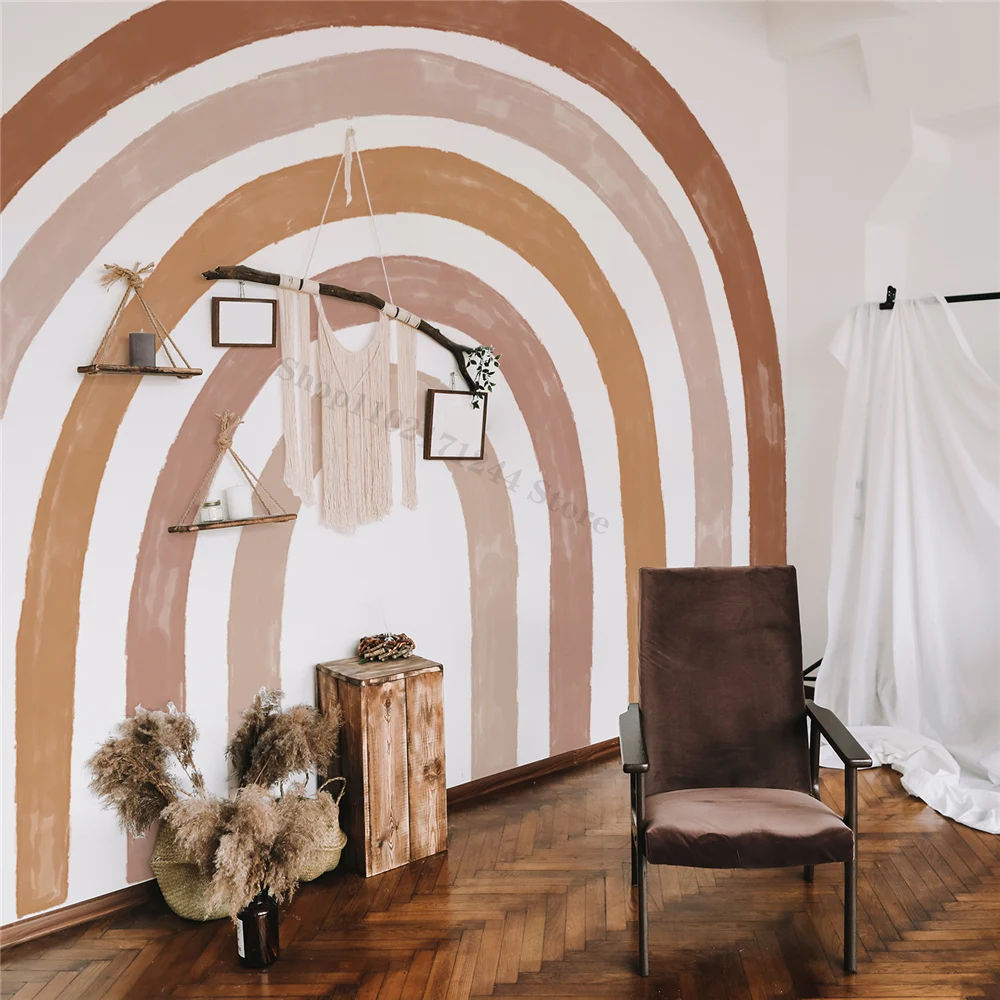 Brown Stripe Contact Wall Paper Boho Rainbow Sticker Room Decorative Wallpaper Giant Aesthetic Mural Peel And Stick Baby Bedroom