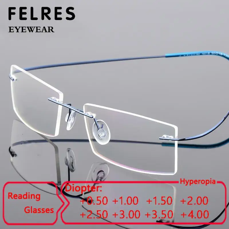 

Прямоугольные очки для чтения без оправы из титанового сплава для мужчин и женщин, законченные безграничные очки для дальнозоркости с защитой от синего света, без петлей + 2,5