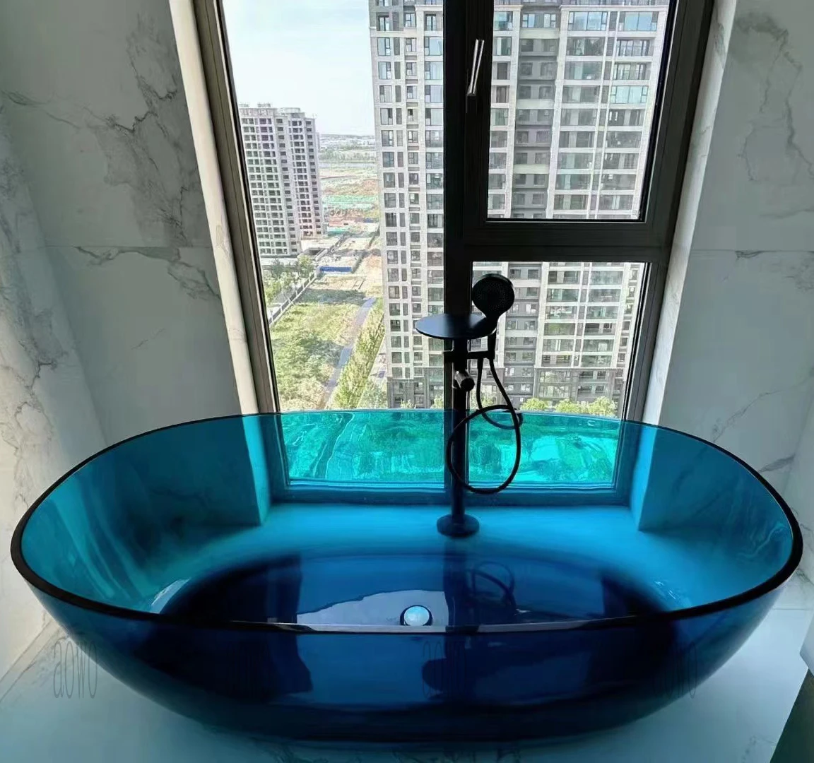 Resin transparent bathtub, bathroom standalone hot tub, badawanne metal spa bathtub,  blue oval bathtub, 1.8m