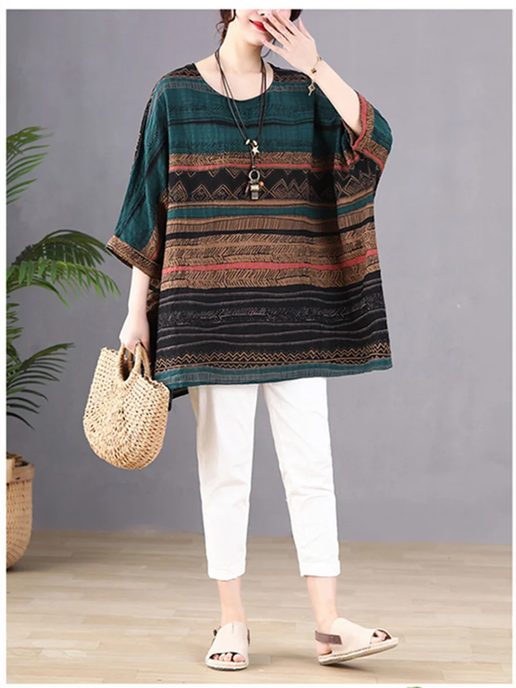 Oversize Summer Women New Vintage Striped Tshirt corea Casual Loose Ladies Pullover Cotton t-shirt Big Size Print Tops