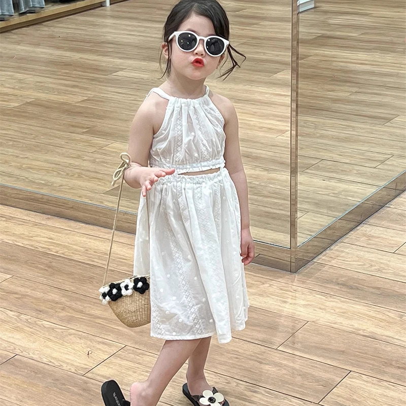 Girl\'s Camisole Dress Summer New Children\'s Trendy Open Waist Embroidered Beach Dress Baby Girl Pure White Vest Lolita Dress