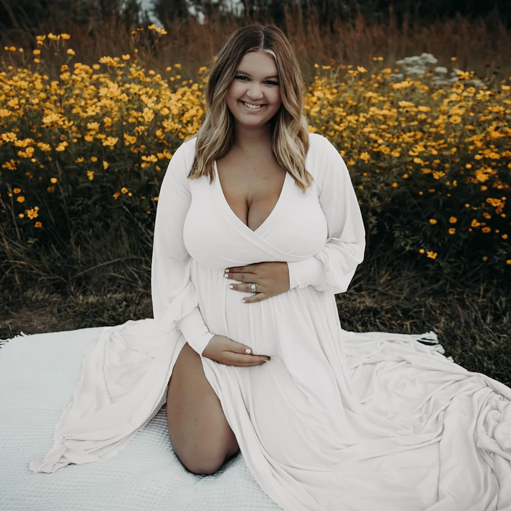 Maternity Photography Dresses Baby Shower Maxi Gown Lantern Sleeve V Neck Pregnancy Wrap Side Split Robe
