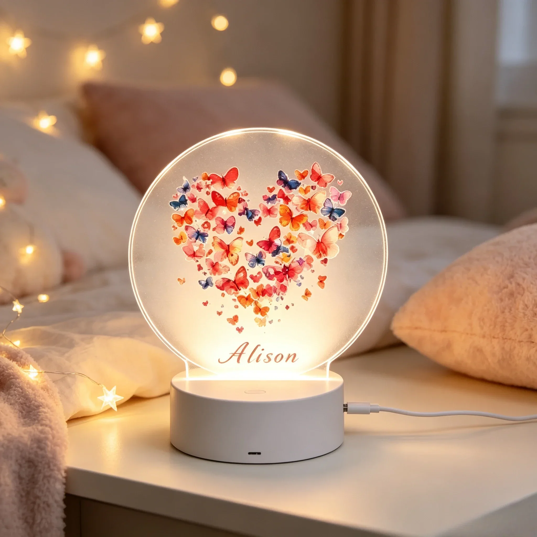 Custom Name LED Acrylic Night Light, Watercolor Butterfly Heart Pattern USB Touch Lamp For Bedroom Romantic Gift