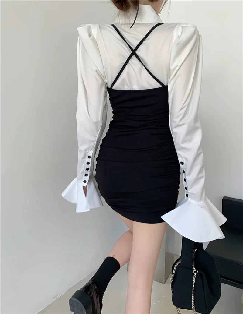 Autumn Casual Wild White Flare Sleeve Shirts Women Long  Tops Sexy Bandage Hollow Black Dress Mini Strap Hip Fashion