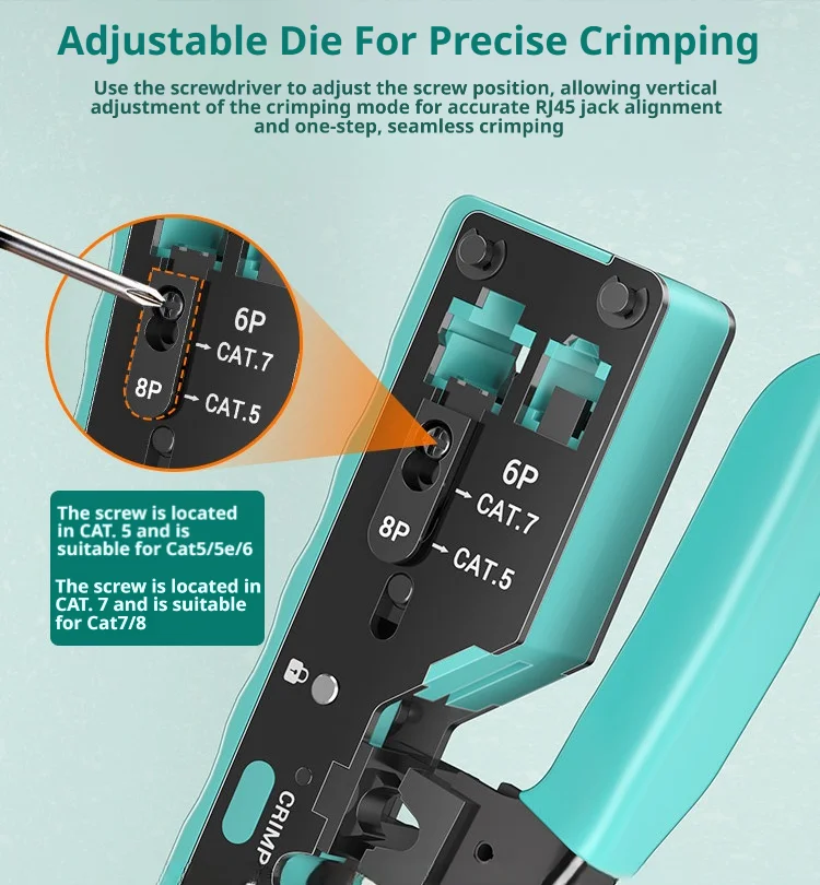 SAMZHE RJ45 Crimp Tool Pass Through Ethernet Crimping Tool for Cat6 Cat5 Cat5e RJ45 Connectors with Replacement Blade Accessory