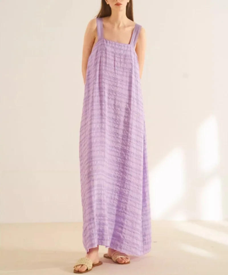 

Purple Stripped Loose Style Dress for Women Elegant Sleeveless Clothing Lady Streetwear Slash Neck Korean Vestidos Bodycon