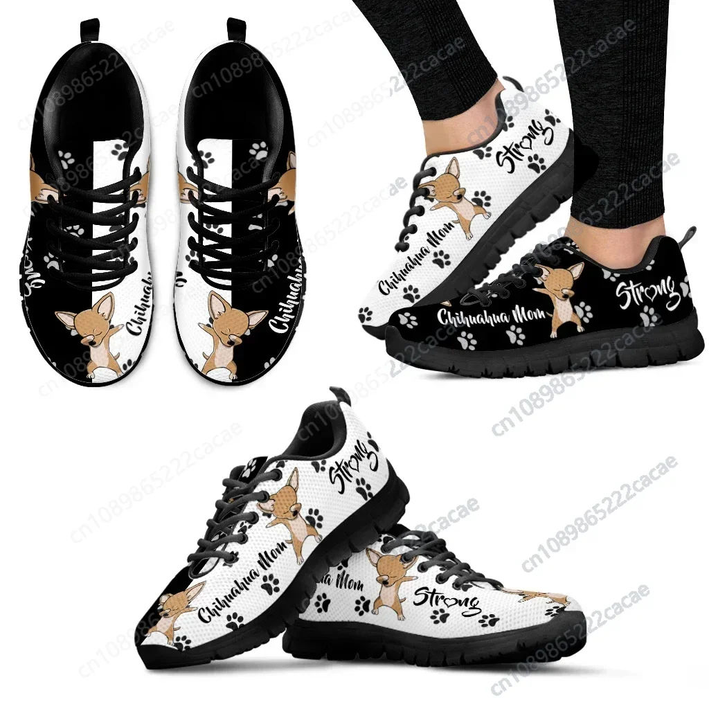 Chihuahua Design Brand Lace-up Shoes Black And White Dog Paw Print Sneakers Pet Dog Gift Zapatos Planos De Mujer