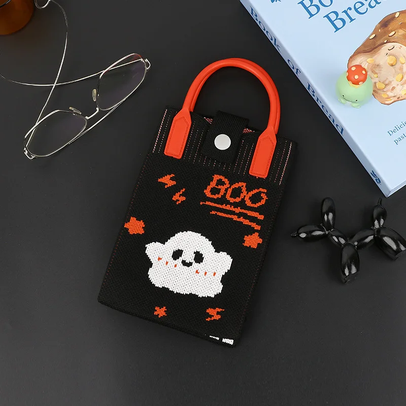 Pumpkin Print Bag Adorable Cartoon Ghost Shoulder Bag Crossbody Phone Pouch Portable Halloween Knitted Handbag For Casual Daily