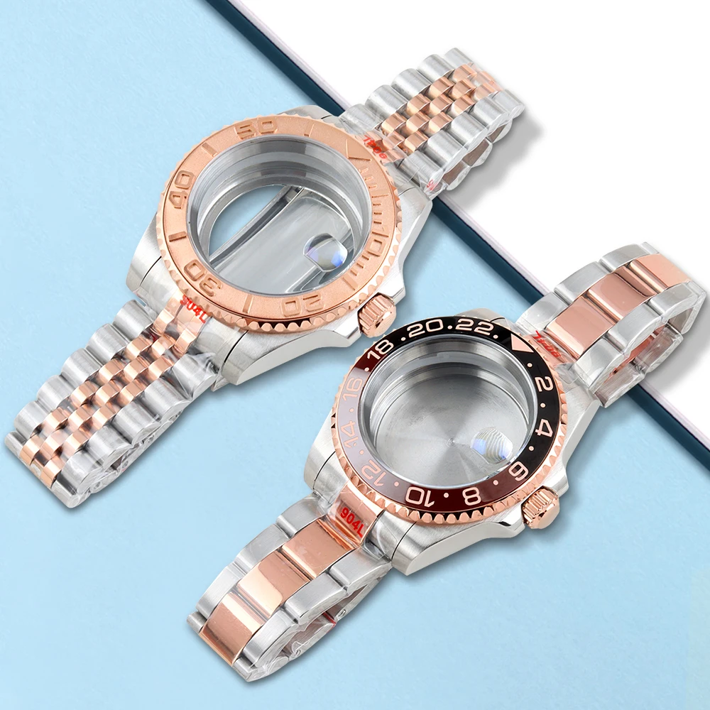 

High Quality Rose Gold Watch Case 40mm for GMT SUB Mod NH34 NH35 NH36 movement 28.5mm Dial Oyster/Jubilee Bracelet Sapphire Case