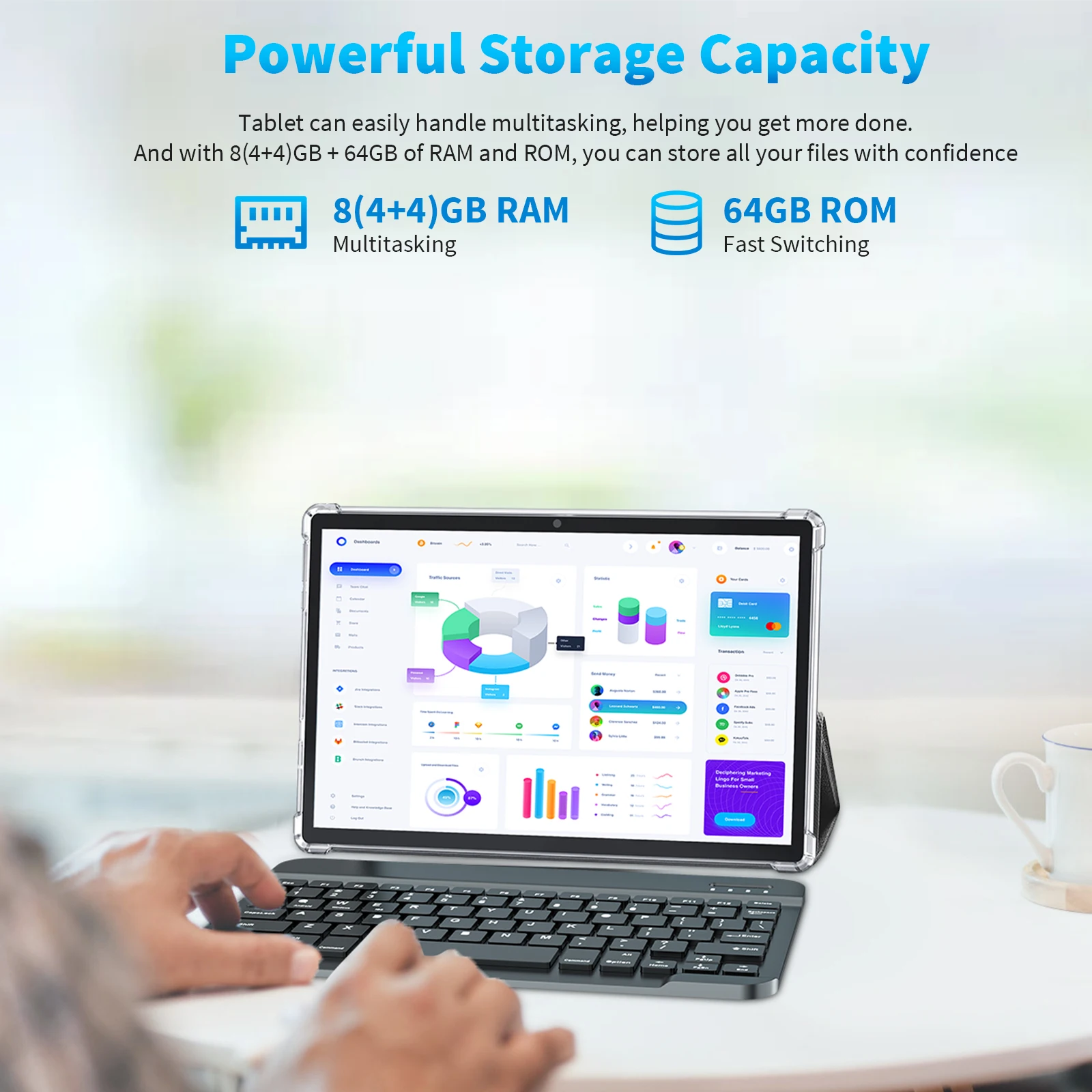 Relndoo Tablet de 10,1 polegadas Android 14, 8 GB (4 + 4 expandido) RAM 64 GB ROM, 1280 * 800 IPS, câmera dupla, WiFi, com teclado, mouse, capa