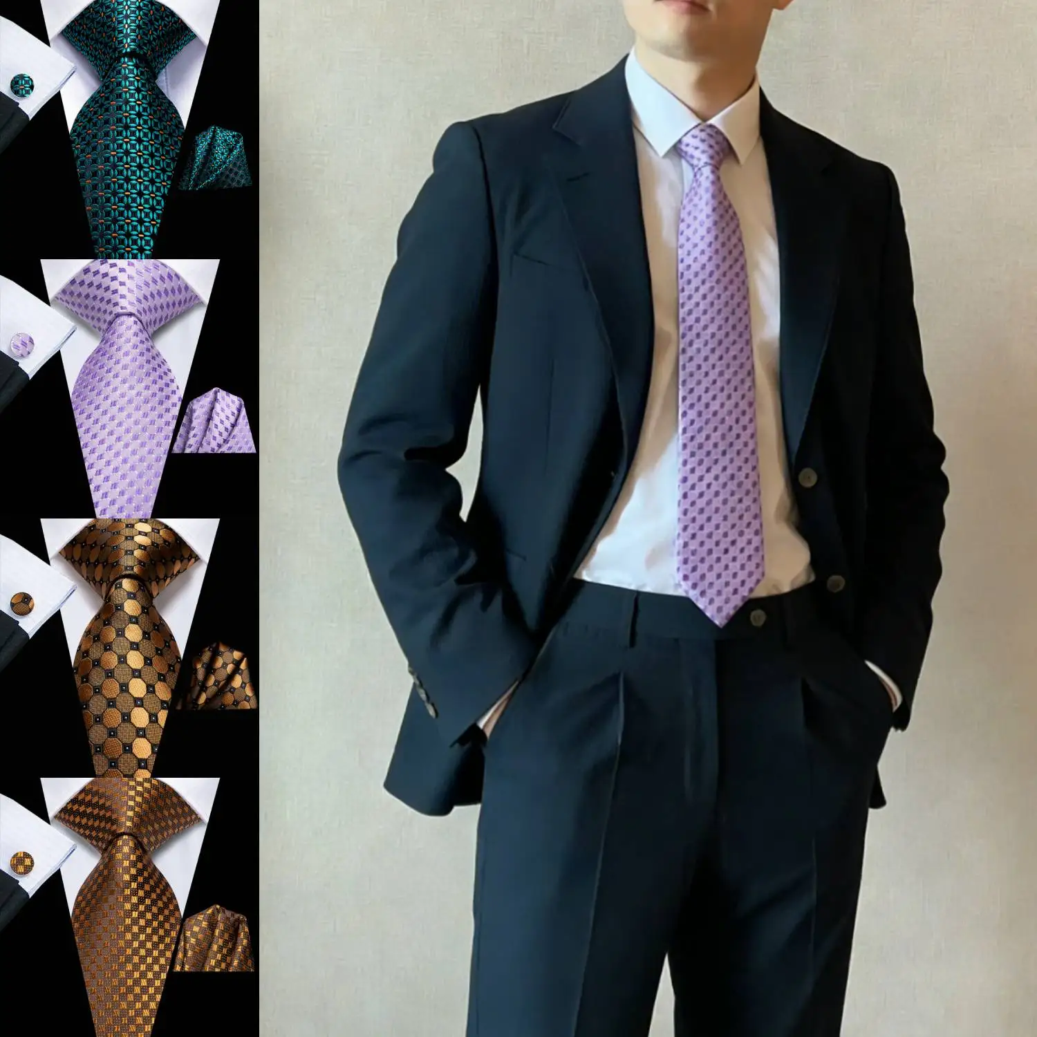 

Complete Men's Tie Accessories Bundle: Classic Tie, Pocket Handkerchief, Cufflinks, Premium 3-in-1 Set for Office & Parties