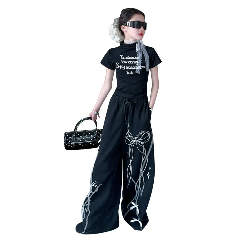 2026 autumn spring teens tracksuit Girls cloth letters set bow t-shirt crop top long wide leg pant Kid 4 5 6 7 8 9 10 12 14 year